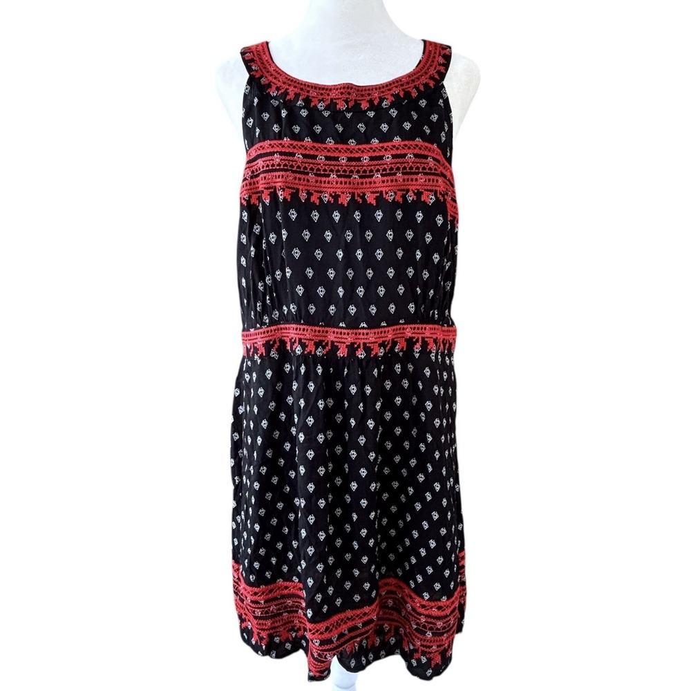THML Black Red Embroidered Halter Shift Dress Women's XL Boho Chic Embellished